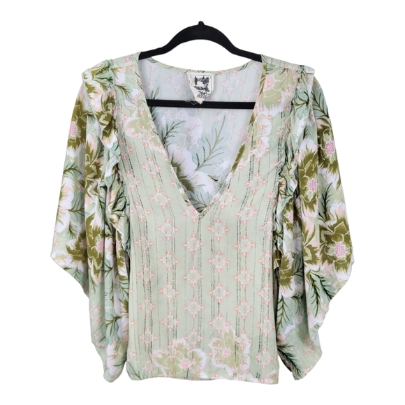JAASE Flutter Sleeve Deep Vneck Top XS Green Floral Boho Fairy Garden Girl - Picture 5 of 8